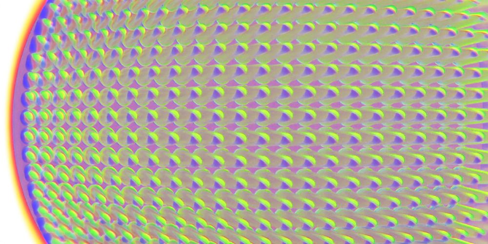 A colorful, distorted image of the bottom of a 384-well microplate