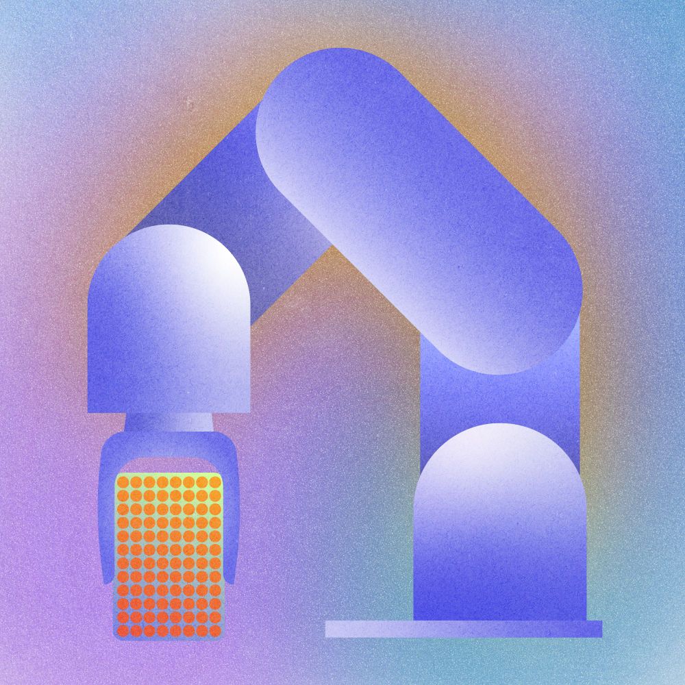 Colorful image of a robot holding a microplate