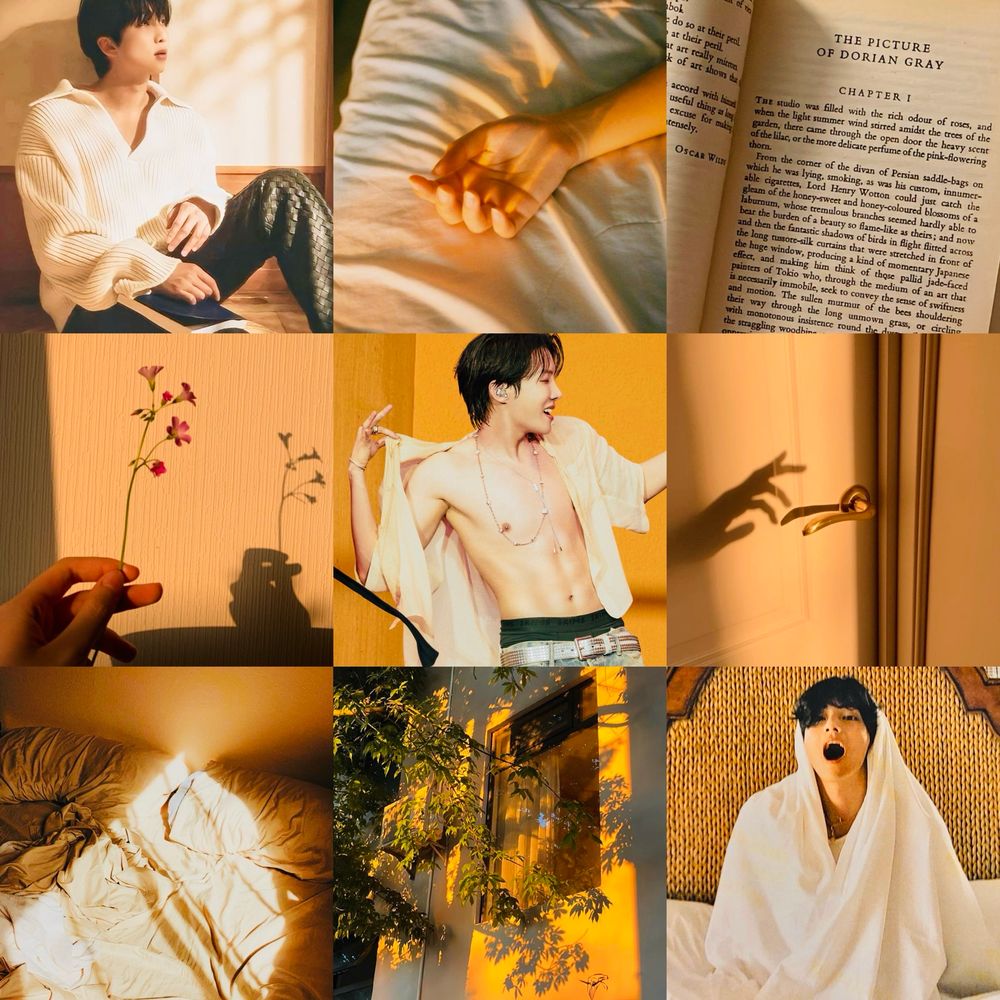 Sunlit moodboard in warm colours.

Namjoon from a vogue shoot from Indigo era with a book on his thigh; a hand on bedsheets, palm up; first page of the Picture of Dorian Gray; a hand holding up a flower with their shadow on the wall behind it; Hoseok from Lolla Berlin with his shirt open, holding it off one shoulder, head turned to one side; the shadow of a hand reaching for a door handle; bedsheets; a tree in front of a window; Taehyung on a bed, sheets wrapped around him, his mouth wide open because of… reasons.