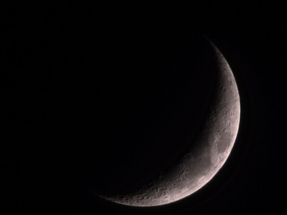The Moon - telescope processed image. Today's Moon phase is Waxing Crescent 🌒, meaning a small, increasing sliver of the Moon's right side is illuminated as it moves toward the First Quarter.