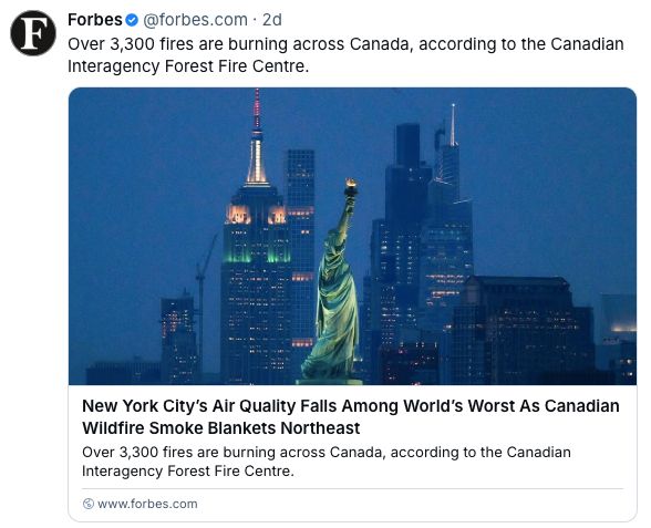 Screenshot of post from @forbes.com about dangerous New York air quality due to Canadian wildfires