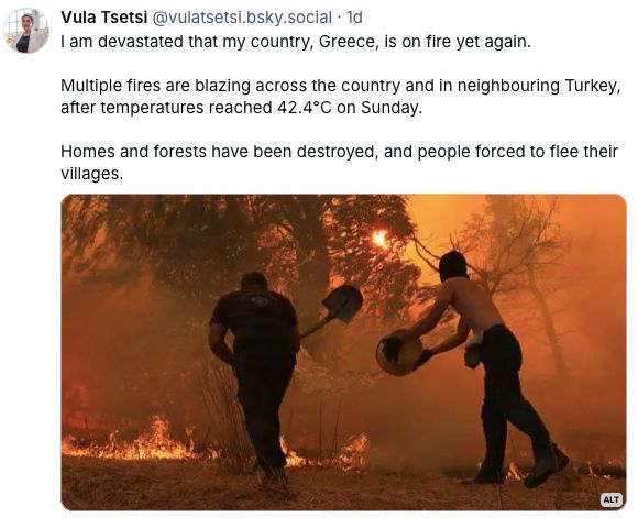 Screenshot of post from @vulatsetl.bsky.social about fires in Greece
