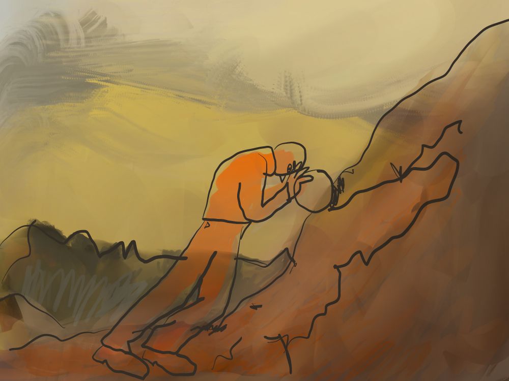 transparent bald headed man resting on the outline of the set down cannonball against an inclined slope and he is filled with orange