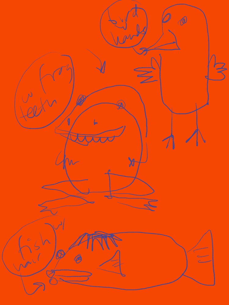 orange background w/ blue stroke doodle
bird w/ hands
frog w/ teeth
fish w/ hair