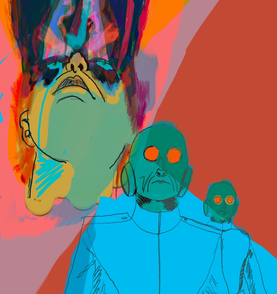 pink background and red foreground.
left: upturned face peering upward with soft weeping eyes at intertwined internal ideas
right: two uniform steeled faces loosed outward with hard searing eyes at what is external, other