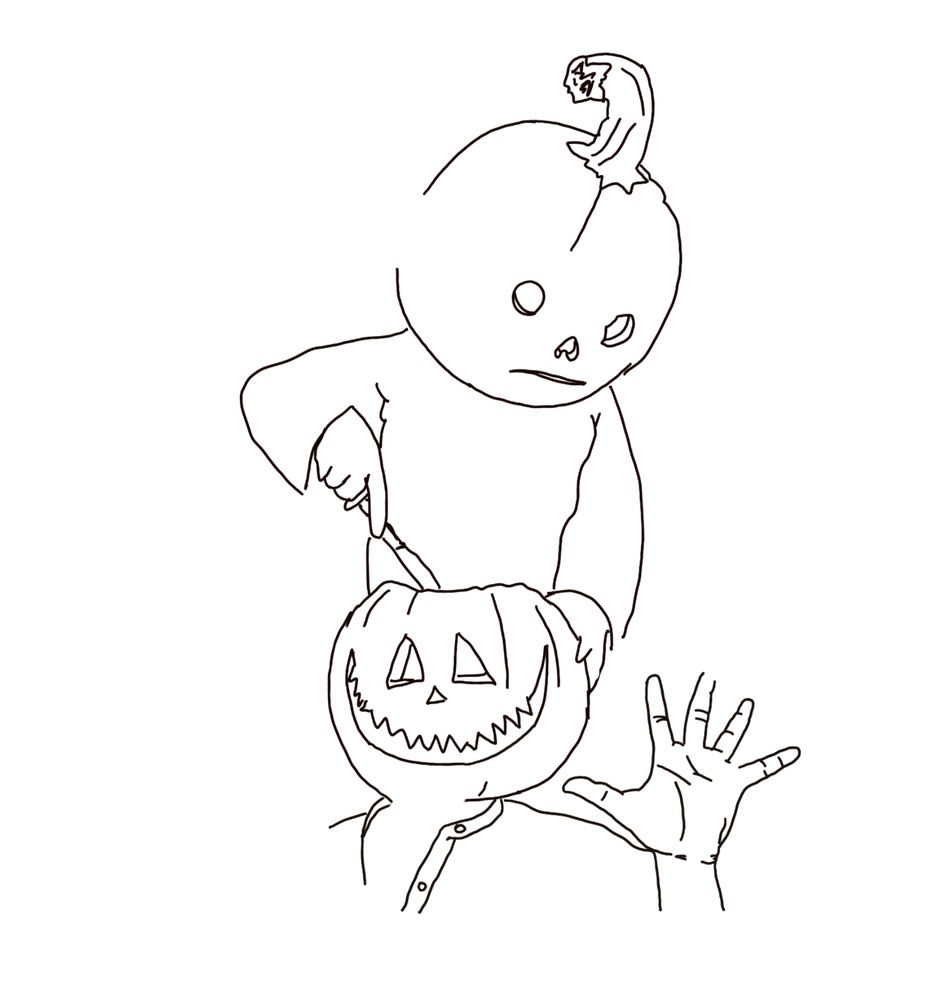 black and white doodle.
person with a serious-faced pumpkin head standing over and carving the head of a goofy-faced pumpkin-headed person that’s grinning and waving