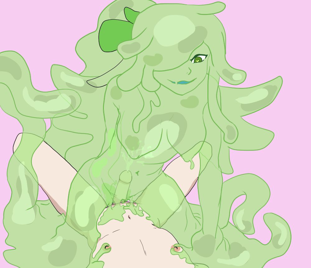 A slime variant of Shenpai's OC Viro is straddling an unseen man and wringing him dry, leaning over him and propping herself up on one arm while the other is reaching back to become a slime tentacle that is exploring the man's anus.