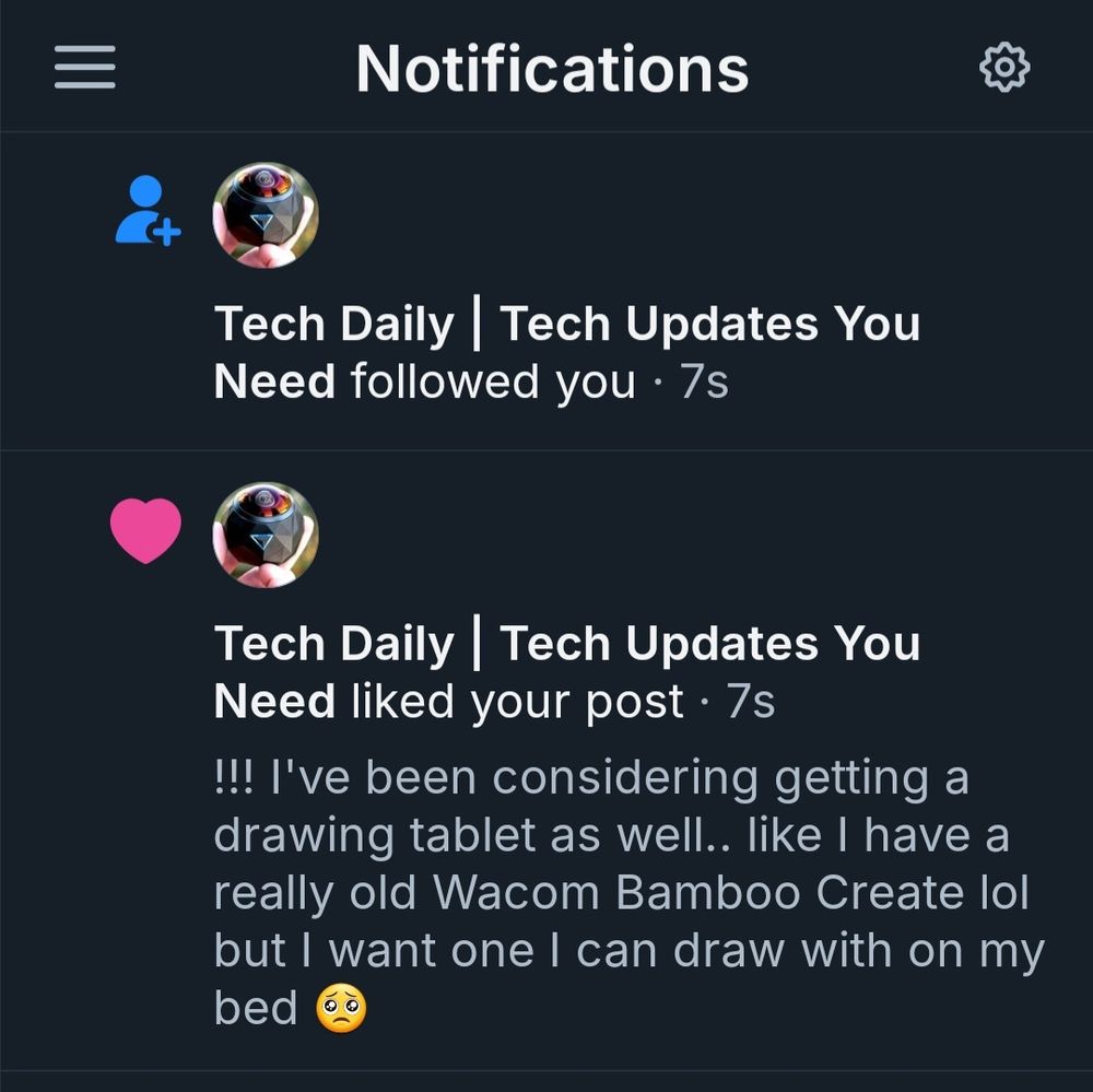 A screenshot of the Tech Daily account auto-following me based on a post I made about a drawing tablet