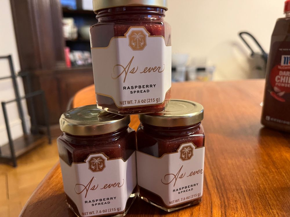 As ever raspberry spread arranged in pyramid.