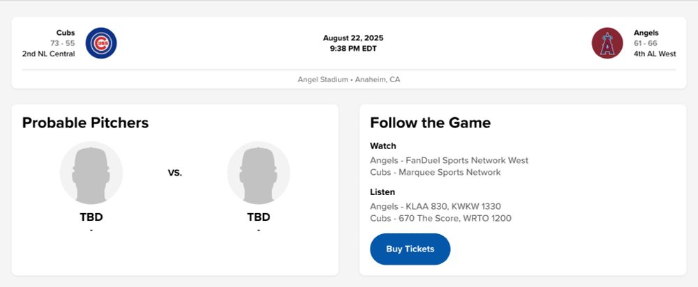 Screengrab showing tonight's Cubs vs. Angels starting pitchers, both currently "To Be Determined."