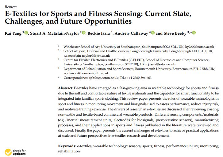E-textiles have emerged as a fast-growing area in wearable technology for sports and fitness due to the soft and comfortable nature of textile materials and the capability for smart functionality to be integrated into familiar sports clothing. This review paper presents the roles of wearable technologies in sport and fitness in monitoring movement and biosignals used to assess performance, reduce injury risk, and motivate training/exercise. The drivers of research in e-textiles are discussed after reviewing existing non-textile and textile-based commercial wearable products. Different sensing components/materials (e.g., inertial measurement units, electrodes for biosignals, piezoresistive sensors), manufacturing processes, and their applications in sports and fitness published in the literature were reviewed and discussed. Finally, the paper presents the current challenges of e-textiles to achieve practical applications at scale and future perspectives in e-textiles research and develo