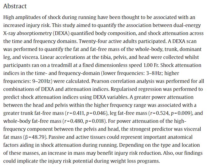 Abstract
High amplitudes of shock during running have been thought to be associated with an increased injury risk. This study aimed to quantify the association between dual-energy X-ray absorptiometry (DEXA) quantified body composition, and shock attenuation across the time and frequency domains. Twenty-four active adults participated. A DEXA scan was performed to quantify the fat and fat-free mass of the whole-body, trunk, dominant leg, and viscera. Linear accelerations at the tibia, pelvis, and head were collected whilst participants ran on a treadmill at a fixed dimensionless speed 1.00 Fr. Shock attenuation indices in the time- and frequency-domain (lower frequencies: 3–8 Hz; higher frequencies: 9–20 Hz) were calculated. Pearson correlation analysis was performed for all combinations of DEXA and attenuation indices. Regularised regression was performed to predict shock attenuation indices using DEXA variables. A greater power attenuation between the head and pelvis within the highe