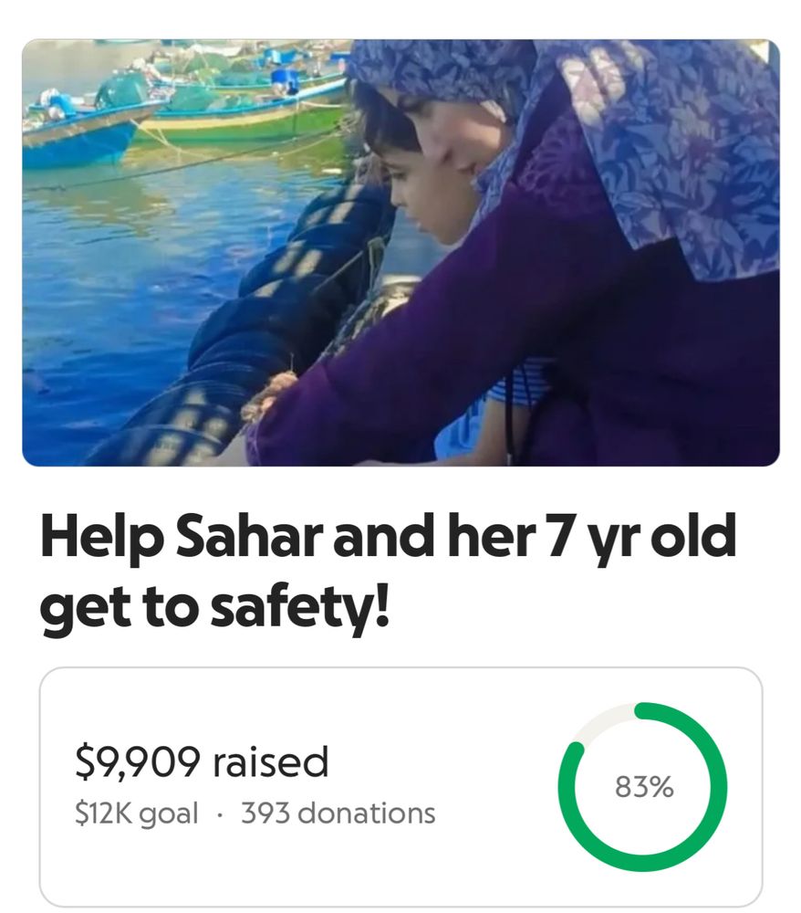 a screenshot of sahar’s go fund me, showing a picture of a sahar and her son in gaza looking at the water and showing the amount they have raised on go fund me ($9,909/$12k)