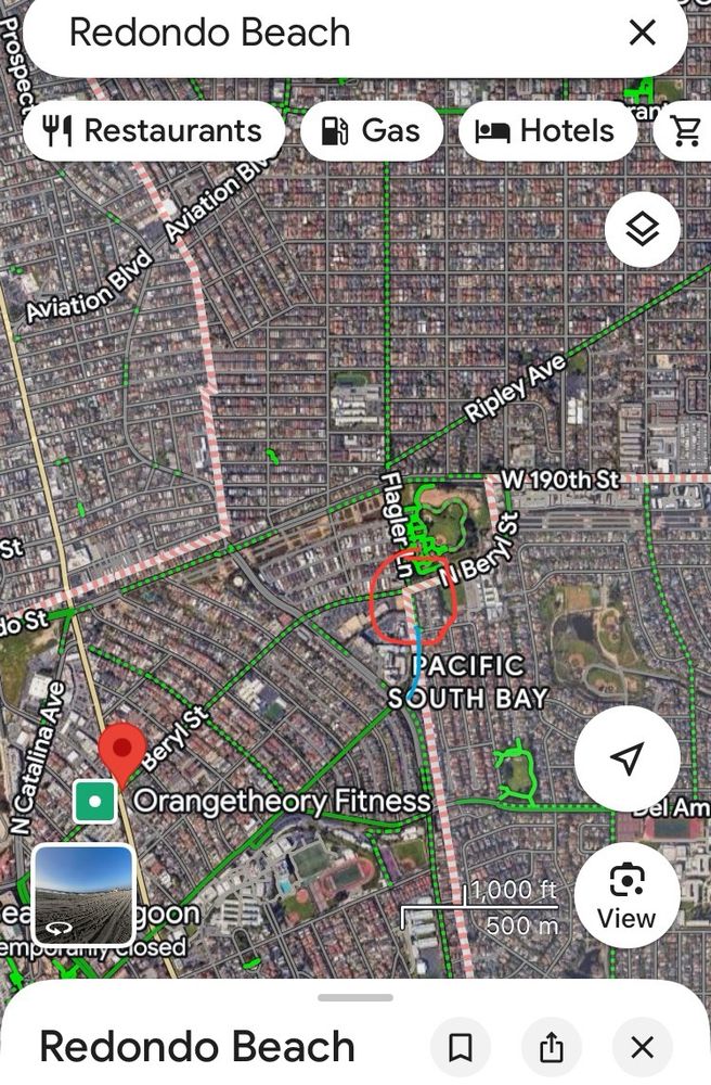 Satellite view of RB's isthmus. Red Circle at Beryl/Flagler and blue line showing bike path