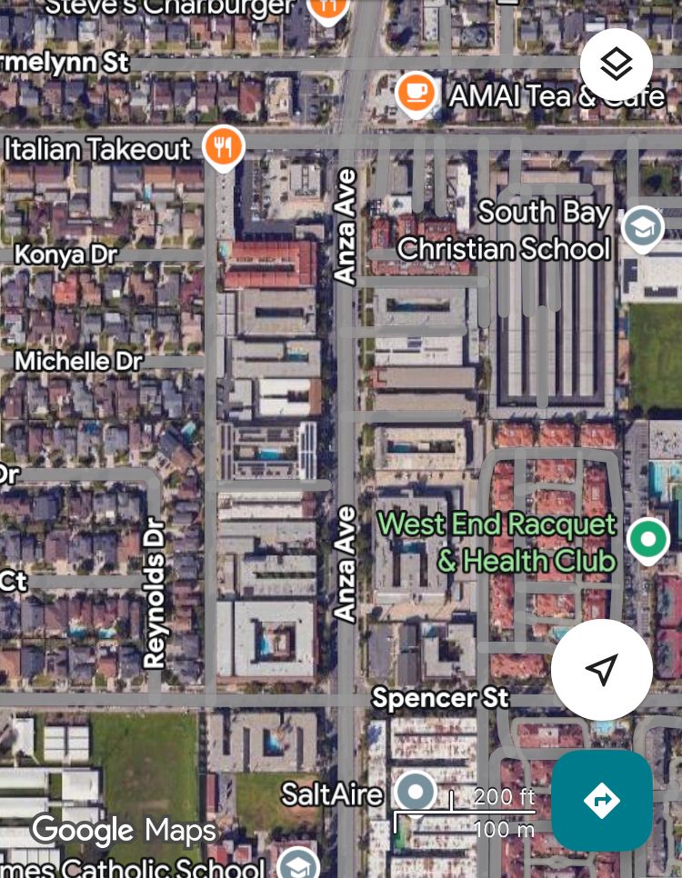 Satellite view of Anza between Torrance Blvd and Spencer. 2 lanes in each direction, center turn lane, bike lane in door zone of parked cars on each side. 40 mph truck route 