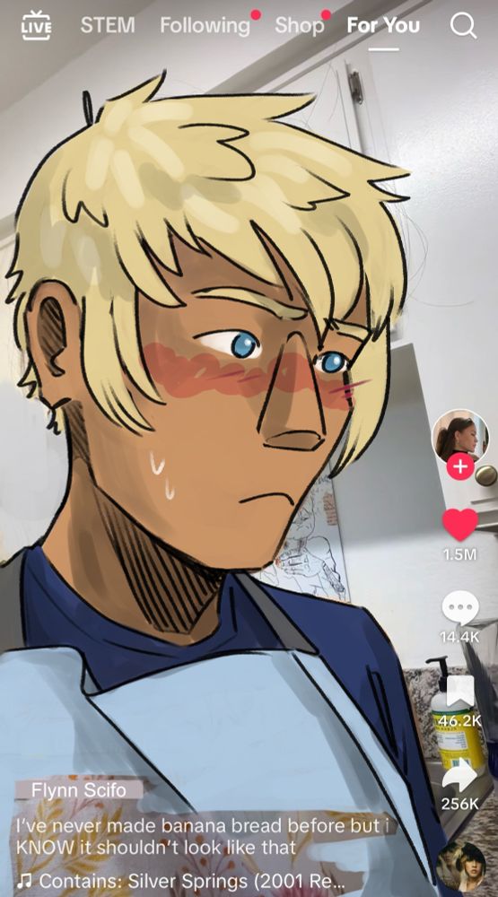 A TikTok screenshot of a person in a kitchen, originally from TikTok user claire tablizo. Digitally, Flynn Scifo from Tales of Vesperia has been drawn over the person, and the OP’s name has been edited to “Flynn Scifo.” He frowns with confusion and concern at something out of frame. The caption on the video says, “I’ve never made banana bread before but I KNOW it shouldn’t look like that.”