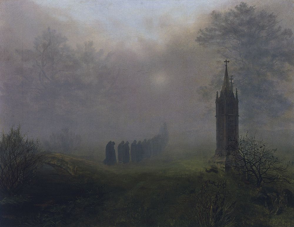 A procession of dark-robed figures, carrying a cross at the front, moves from a small arched stone bridge across the grassy landscape, dissappearing into the mist. To the right stands a tall, narrow stone structure resembling a small Gothic tower with a pointed spire and a crosses. Bare trees and low bushes frame the foreground, and faint outlines of larger trees are visible in the background. The sky is pale and hazy.