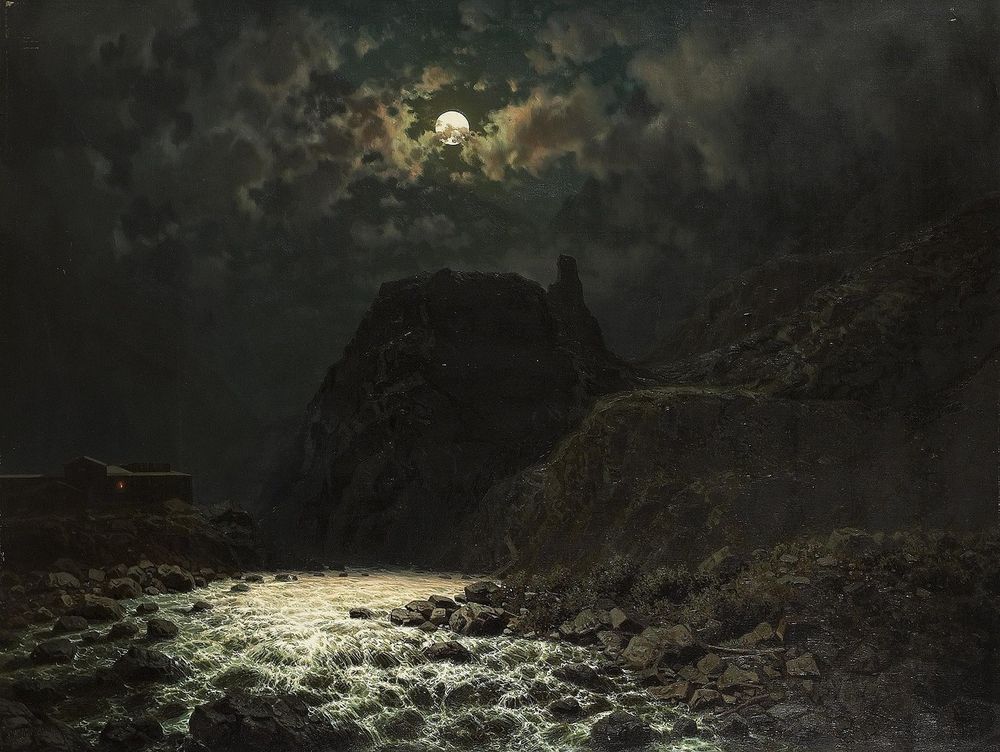 'Darial Pass' by Ilya Zankovsky
An oil painting, depicting a dark moonlit scene over a mountain pass.
