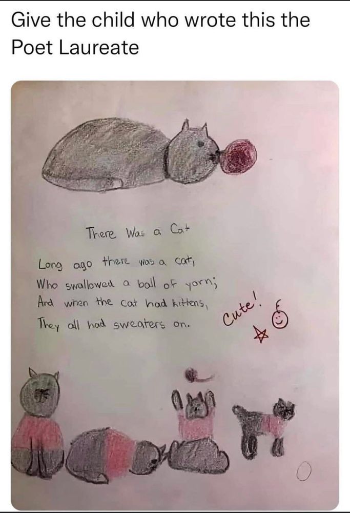 Drawing with a cat and kittens and the rhyme: long ago there was a cat who swallowed a ball of yorn And when the cat had kittens they all had sweaters on.
