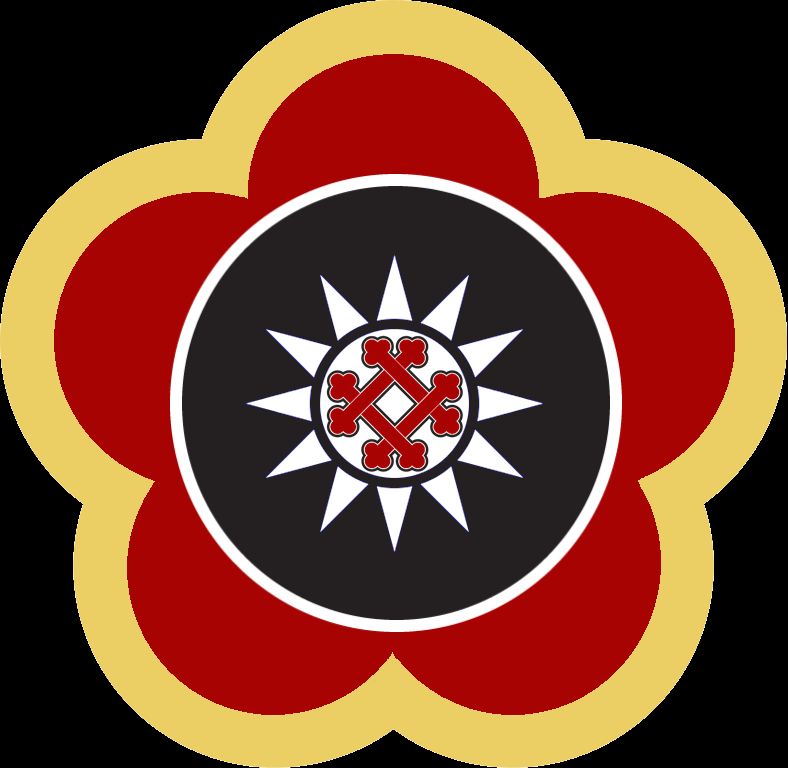 The traditional Iu Mien symbol enclosed within twelved-rayed white sun, on background is a white-bordered black circle surrounded by plum-shaped emblem of red bordered by gold/yellow.

Source:  https://www.deviantart.com/ramones1986/art/Mien-National-Emblem-937742301