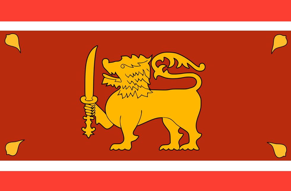 Five alternate horizontal stripes of red, white, maroon, white and red, with the maroon stripe twice as wide as the rest; within it is the lion holding a sword looking over the hoist, surrounding in each corner by four bo tree leaves.

Source: https://www.deviantart.com/ramones1986/art/Flag-of-alternate-Sri-Lanka-770488554 (modified)