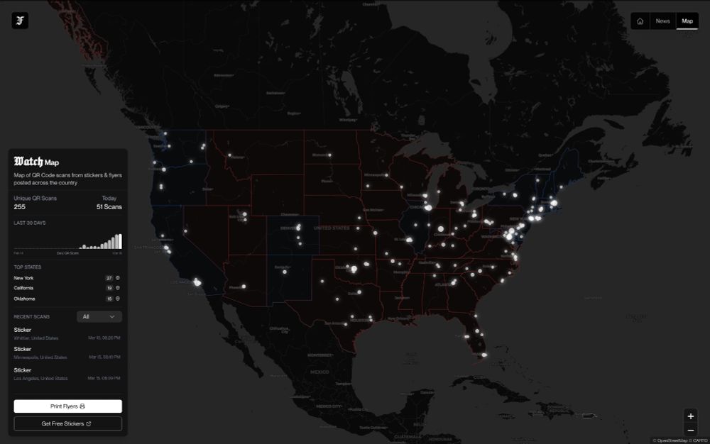 Map of QR code engagement. realtimefascism.com/watch
