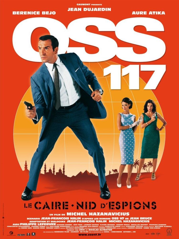 Poster for the film “OSS 117: Cairo, Nest of Spies” with Jean Dujardin striking a dramatic pose in front of an orange background with a yellow cutout showing a silhouette of the Cairo skyline