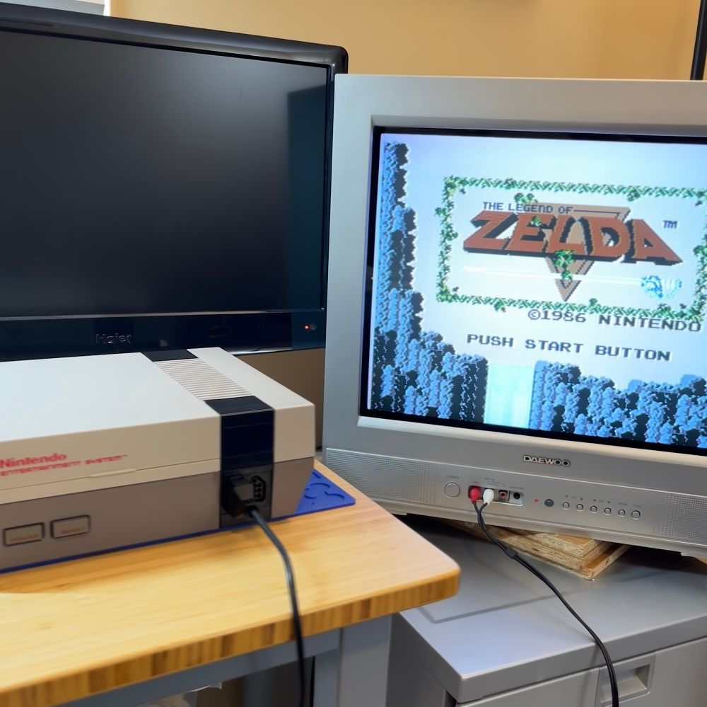 NES console with Legend of Zelda playing on a CRT