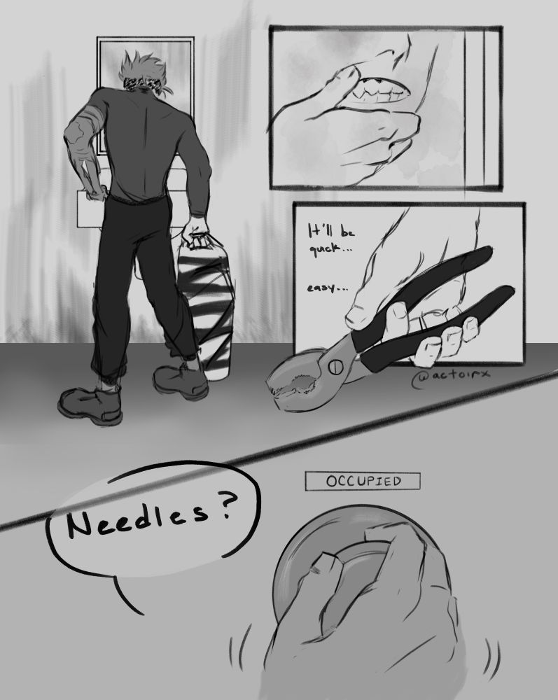 Digital illustration featuring a spread of glimpses of Vash setting up shop in a dingy bathroom. There's a view of him stumbling to the sink with his bag, him pulling back his lips to look at his sharp teeth in the mirror, and him gripping a pair of pliers and mumbling "It'll be quick... easy...". The final view is of Wolfwood's hand jiggling a door knob with an "occupied" indicator and calling "Needles?"