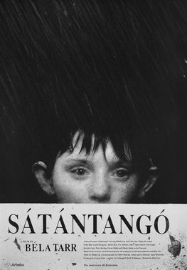 Poster for the Bela Tarr film Satantango, showing a haunted-looking boy in black-and-white