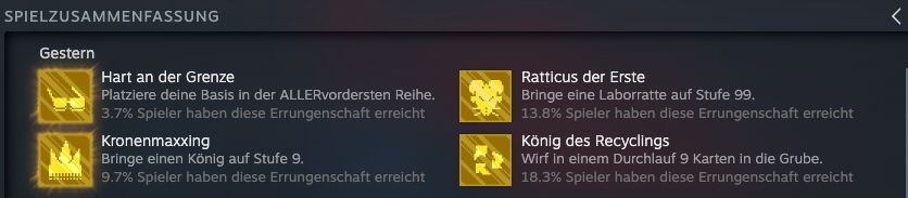 Übersicht erspielter Errungenschaften: hart an der Grenze, Ratticus der Erste, Kronenmaxxing, König des Recyclings
