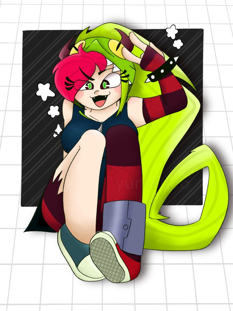 Fanart of Demencia from Villanous. She is drawn with her knees to her chest, and her right arm above her head and her hand in the "sign of horns" position. Behind her is a black square with grey diagonal lines and a grey checkered texture in the absolute background.