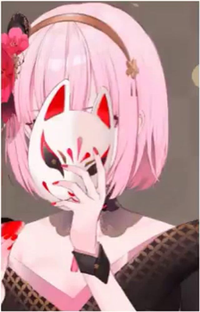 a girl with pink hair is covering her face with a fox mask