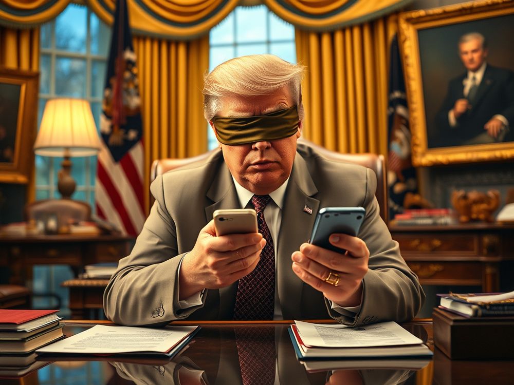 Donald Trump blindfolded looking at two cell phones.