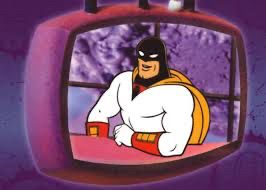 Space Ghost leaning on a table on a TV screen