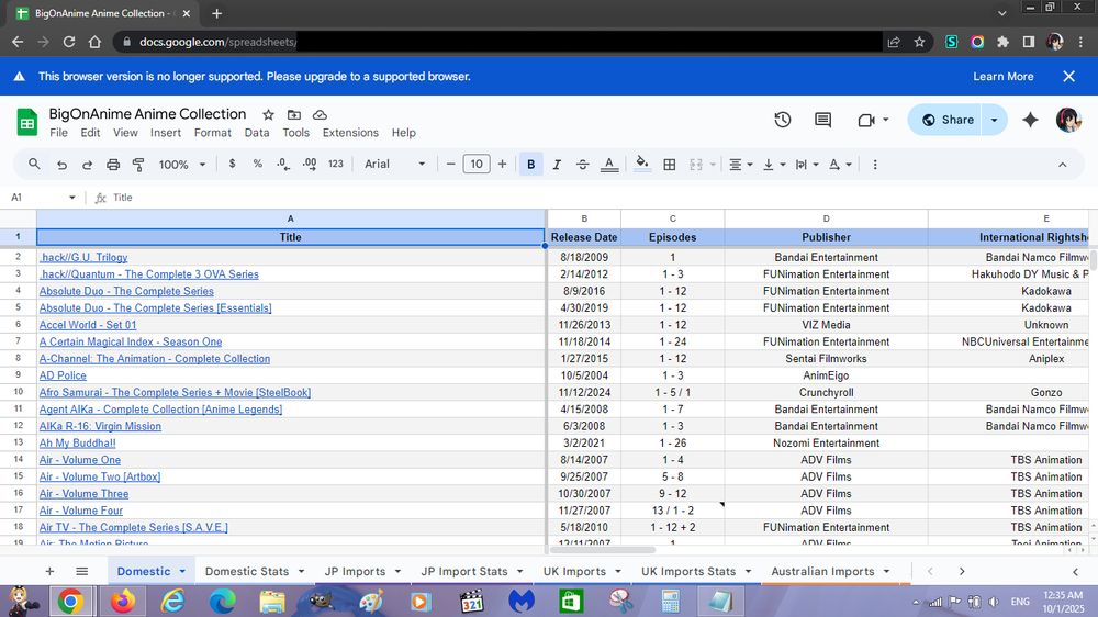 Banner: This browser version is no longer supported. Please upgrade to a supported browser.

This appears on my anime collection spreadsheet, and any Google services such as Gmail and Google Drive.