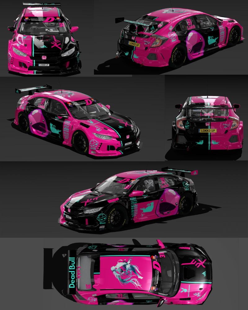 2023 Honda Civic from the BTCC painted in gaudy pink, black and cyan, with a plethora of joke sponsors