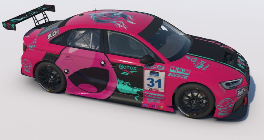 a screenshot in iRacing od an Audi RS 3 TCR, displaying the custom pink, cyan and black paint where the pink and cyan is gloss, the black is matte and the sponsors and logos are all in gloss. Said sponsors are all fictional joke brands, the creator's PNGTuber model, logo and coat of arms are also displayed.