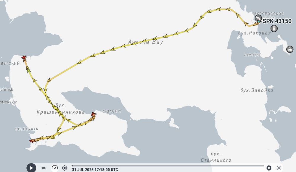 Path of Russian Navy Project 02690 seagoing self-propelled floating crane SPK 43150 after the earthquake