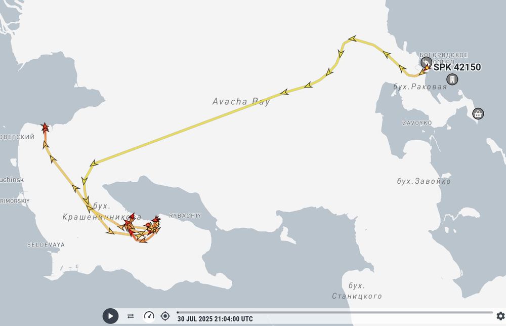 Path of Russian Navy Project 02690 seagoing self-propelled floating crane SPK 42150 after the earthquake