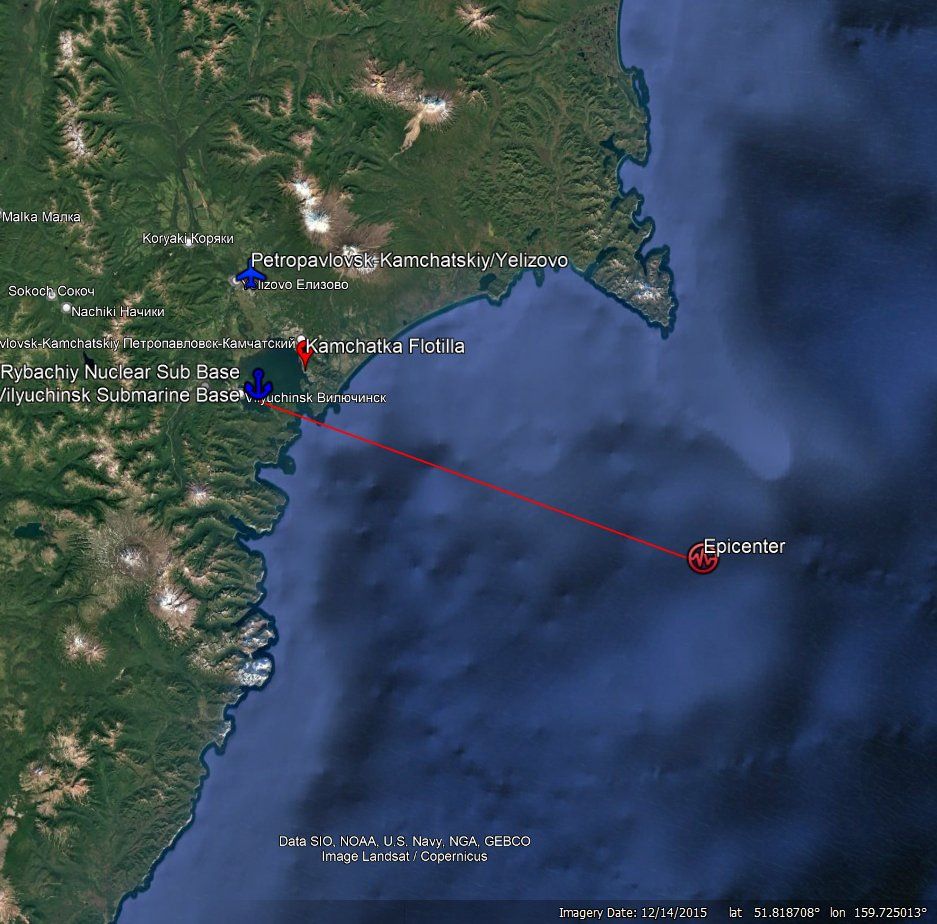 Of significance is the proximity of the epicenter to the Russian Pacific Fleet submarine bases around Petropavlovsk-Kamchatskiy, Rybachiy and Vilyuchinsk. Just 65 nautical miles.