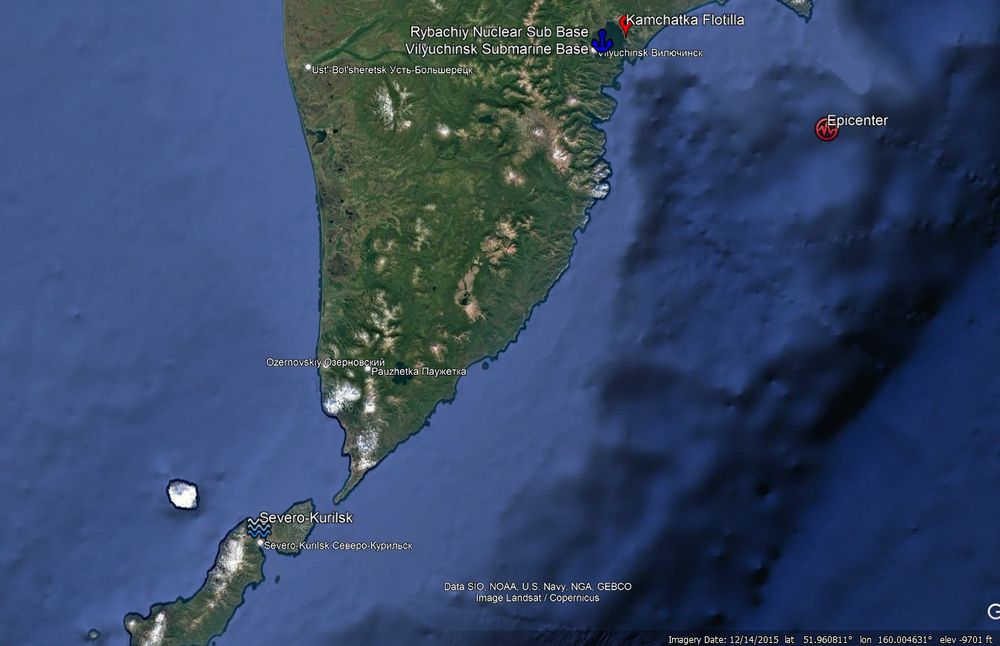 Severo-Kurilsk experiences a 12-foot tsunami 188 nautical miles from the epicenter. The coastal town is situated in a passage between two islands and is indirectly in line with the epicenter which was on the other side of the Kamchatka peninsula. 