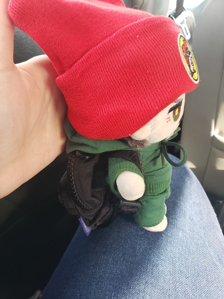 15cm Izzy doll by Im_Rights wearing a green hoodie, Buccee's beanie, and a small black backpack