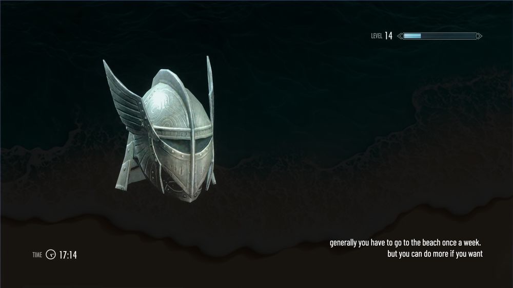 Edited screenshot of Skyrim loading tip. "generally you have to go to the beach once a week. but you can do more if you want". A hint of beach waves and sand is present over everything.