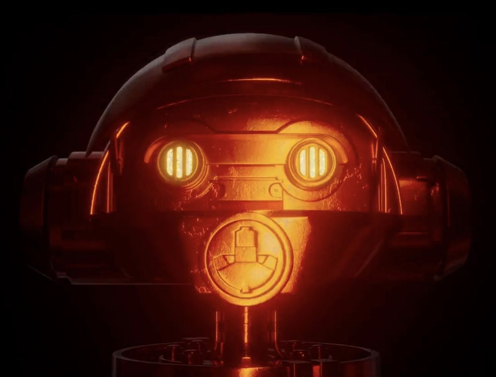 RX-droid in red light from the Skeleton Crew Opening