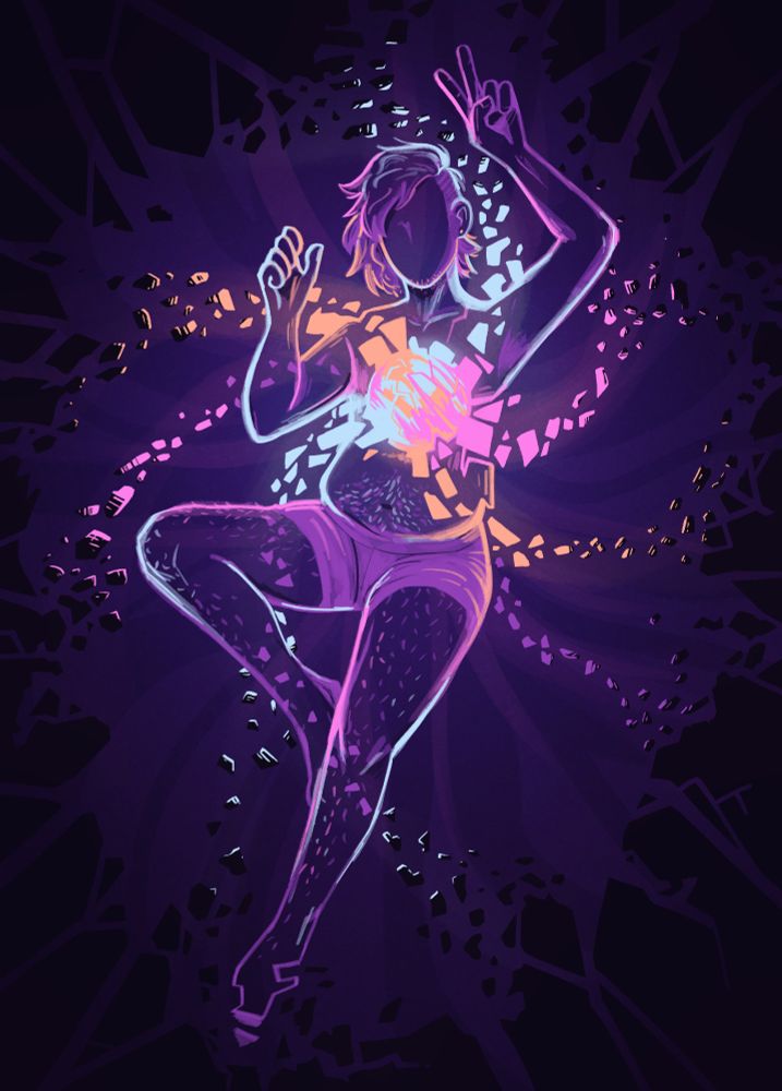 A digital illustration of a brightly coloured figure with a planetary mass in the centre of their chest, pulling in matter from around them.