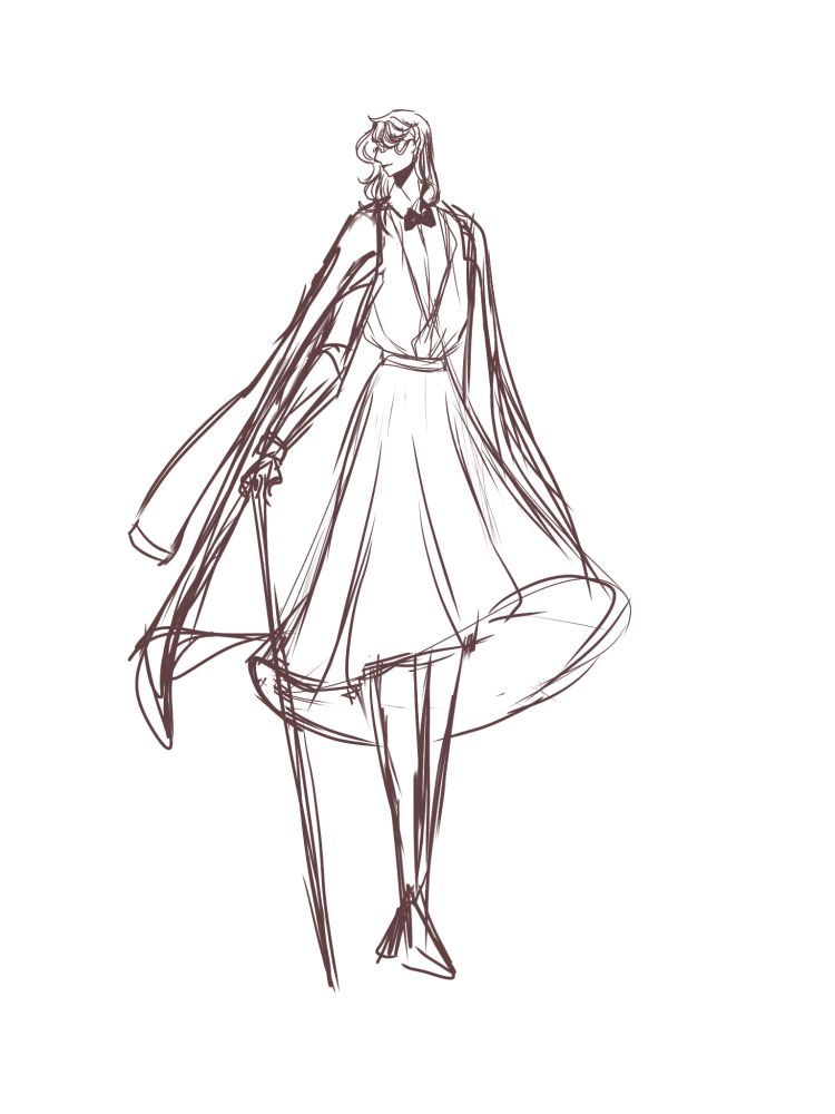 Uma personagem alta, de cabelos longos, usando uma saia longa até abaixo dos joelhos, um casaco apoiado nos ombros uma blusa social e uma gravata borboleta. Ela se apoia em uma bengala enquanto olha para o lado, estando com o rosto em posição de perfil.