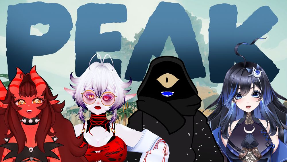 A thumbnail with PEAK in the background. In front are a line of Vtubers in order: dreamymushe, gremlinmagicka, jacobsite, & lillithlovelace