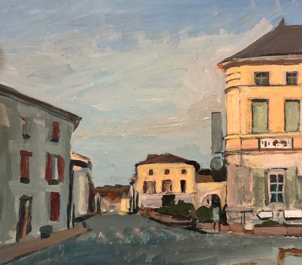 A photograph of an acrylic painting of the small French town of Montignac Charente, on a bright December afternoon