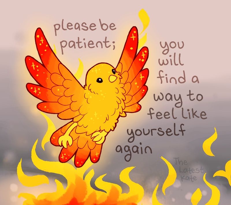 A drawing of a baby phoenix rising from ashes. The caption reads, "please be patient; you will find a way to feel like yourself again"